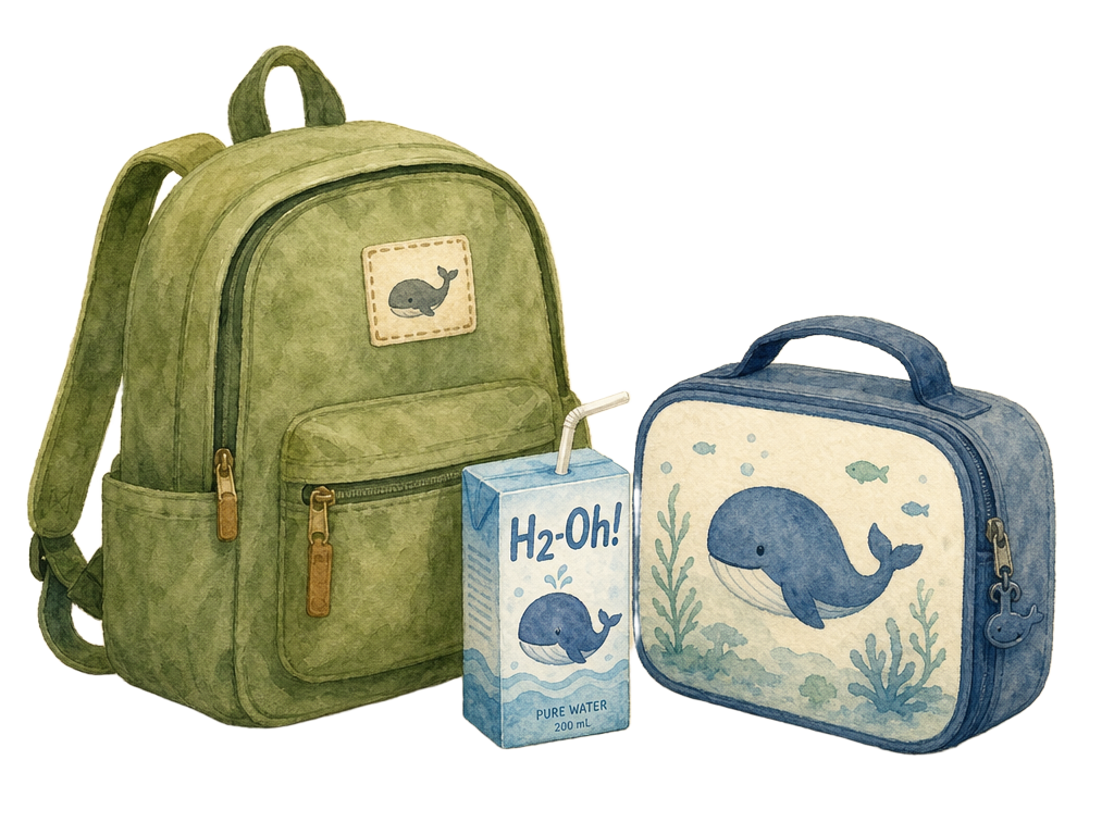 Backpack with H2-Oh! carton and whale lunchbox